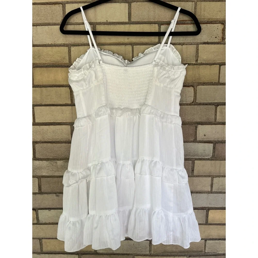 White Tiered Ruffle Mini Dress Smocked Back Party Summer Bridal Est Size Medium - Picture 2 of 4